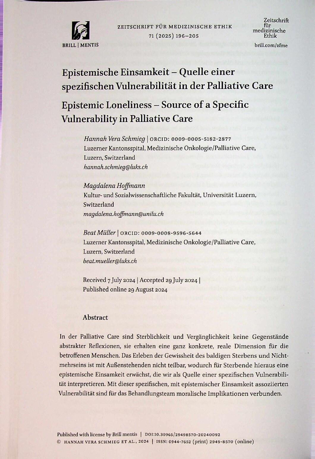 Vorschauseite 1: Epistemische Einsamkeit – Quelle einer spezifischen Vulnerabilität in der Palliative Care