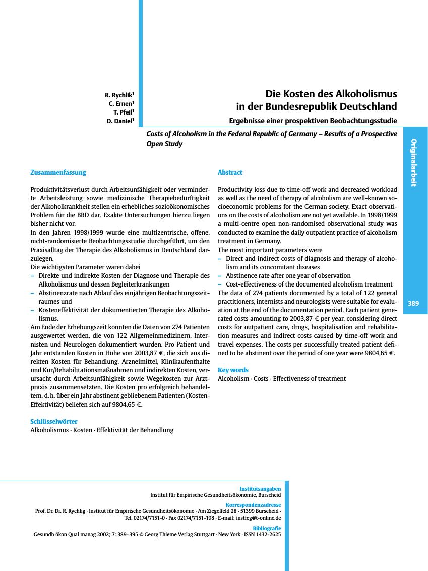 Vorschauseite 1: Die Kosten des Alkoholismus in der Bundesrepublik Deutschland