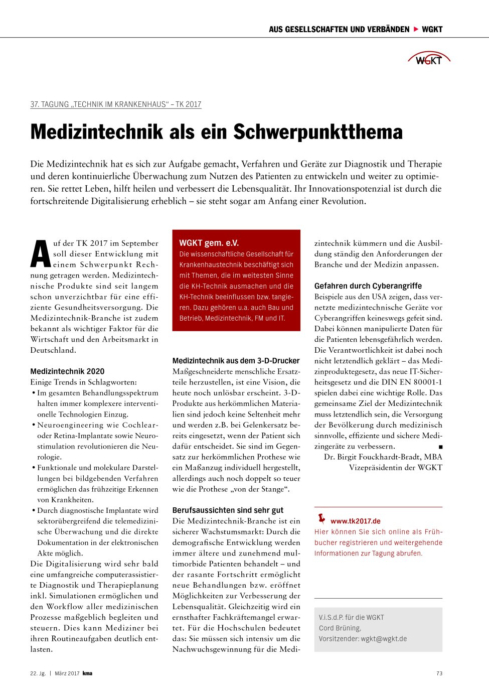 Vorschauseite 1: 37. Tagung ?Technik im Krankenhaus? ? TK 2017: Medizintechnik als ein Schwerpunktthema