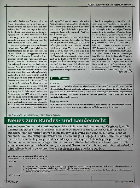 Vorschauseite 4: Feststellung des Todes in Altenund Pflegeheimen in den Nachtstunden