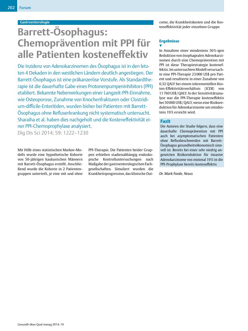 Vorschauseite 1: Gastroenterologie ? Barrett-Ösophagus: Chemoprävention mit PPI für alle Patienten kosteneffektiv