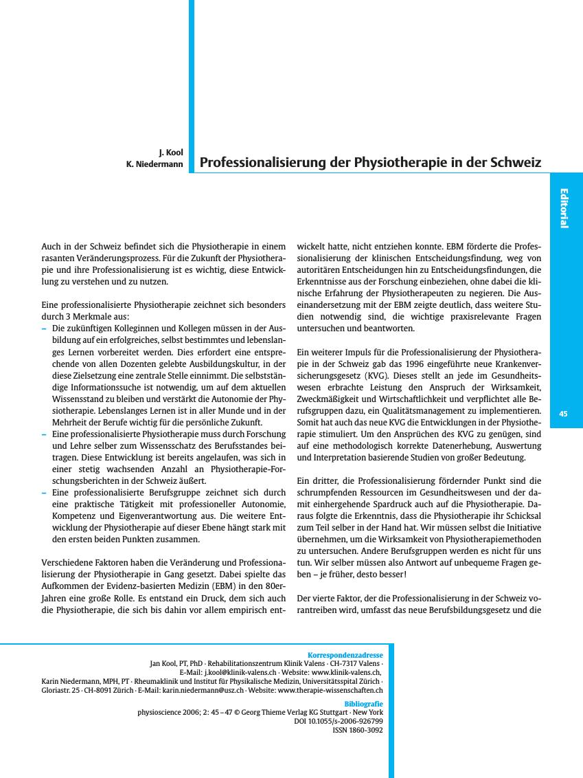 Vorschauseite 1: Professionalisierung der Physiotherapie in der Schweiz