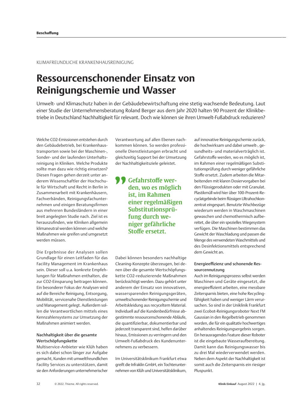 Vorschauseite 1: Klimafreundliche Krankenhausreinigung: Ressourcenschonender Einsatz von Reinigungschemie und Wasser