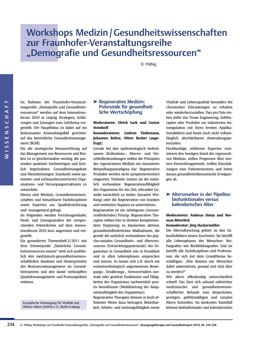 Vorschauseite 1: Workshops Medizin / Gesundheitswissenschaften zur Fraunhofer-Veranstaltungsreihe „Demografie und Gesundheitsressourcen“