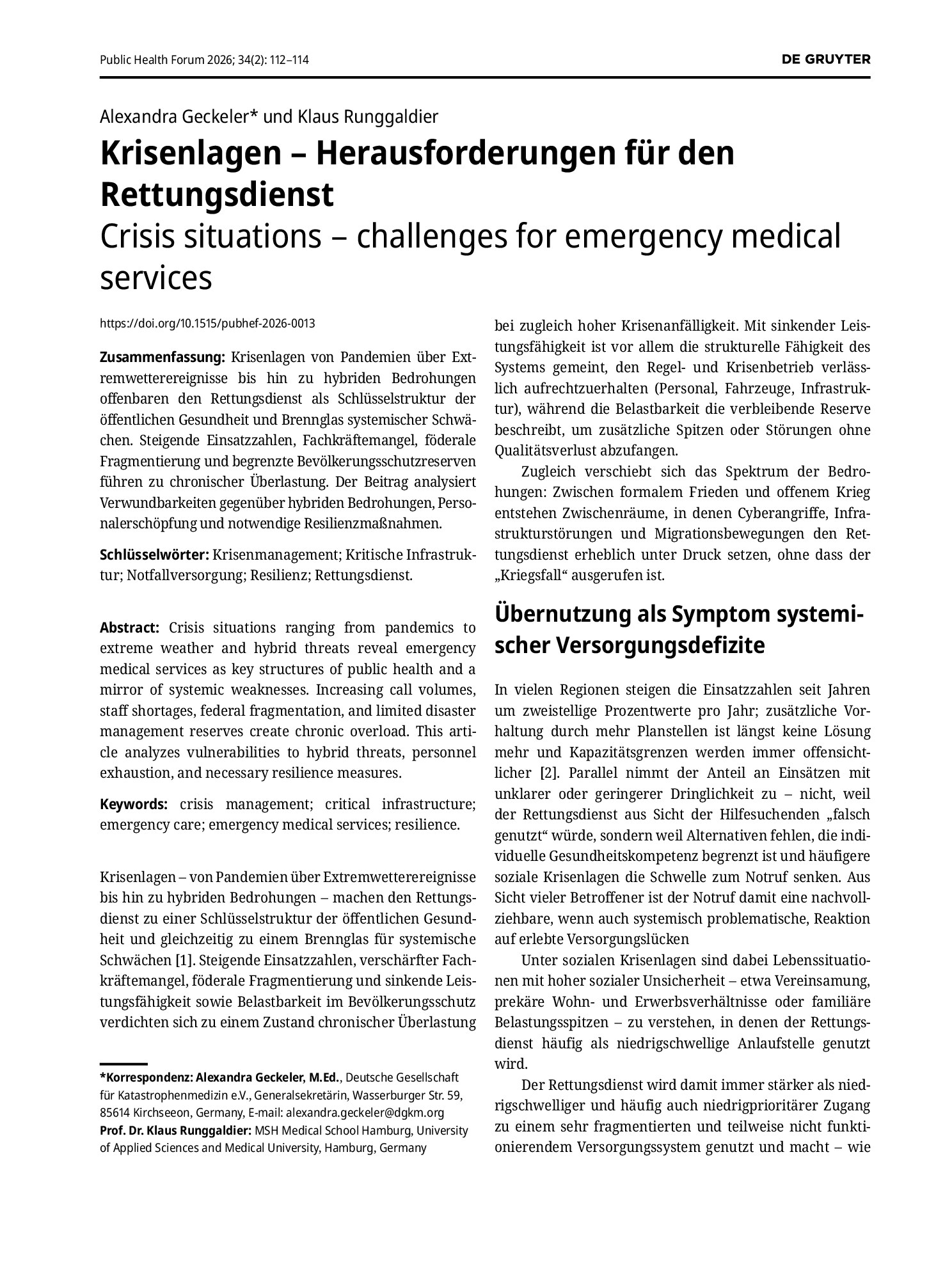 Vorschauseite 1: Krisenlagen – Herausforderungen für den Rettungsdienst