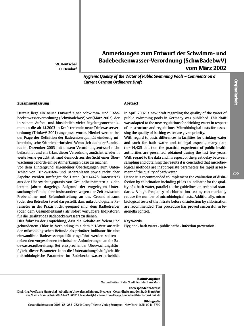 Vorschauseite 1: Anmerkungen zum Entwurf der Schwimmund Badebeckenwasser-Verordnung (SchwBadebwV) vom März 2002