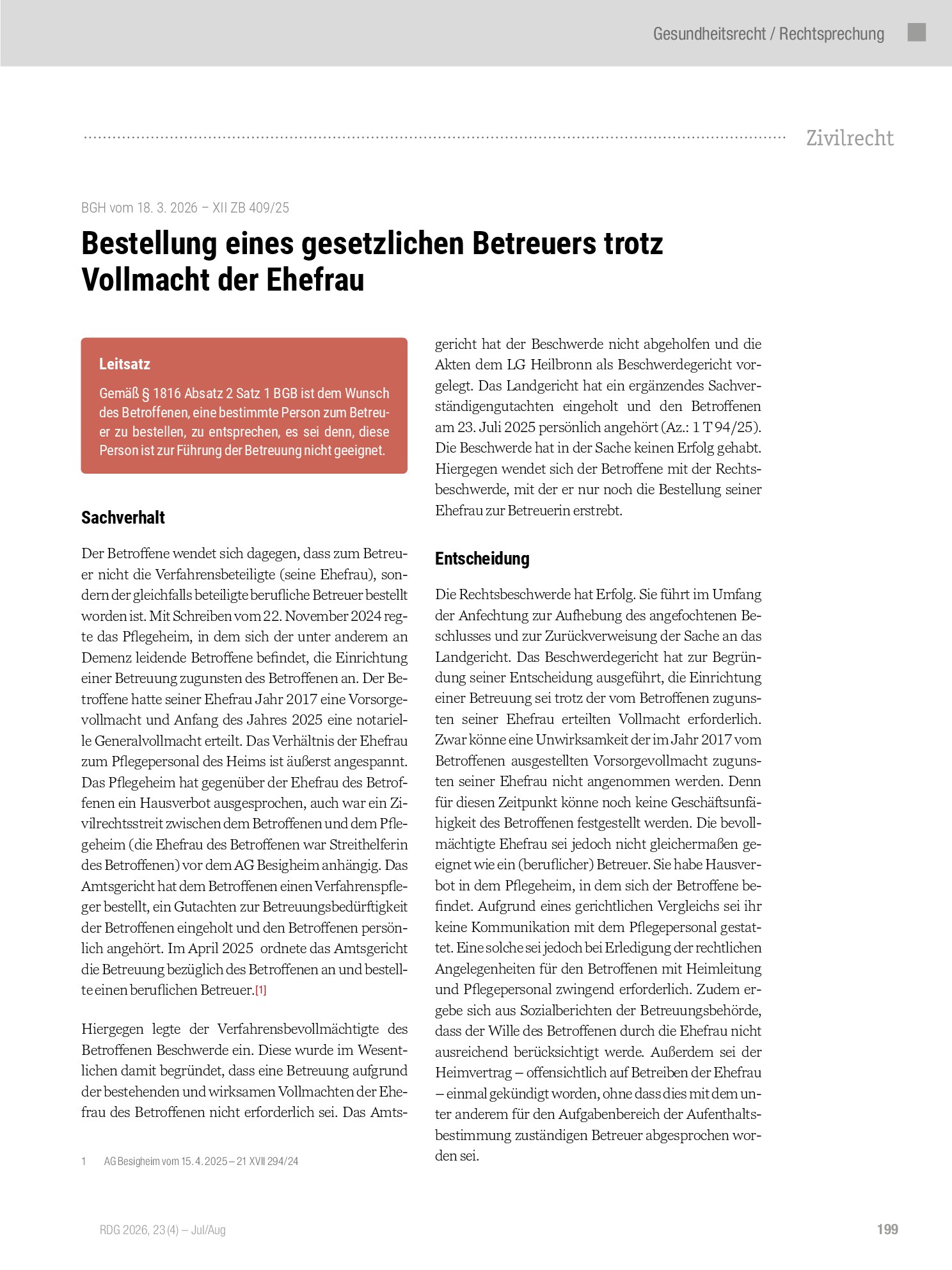 Vorschauseite 1: Bestellung eines gesetzlichen Betreuers trotz Vollmacht der Ehefrau