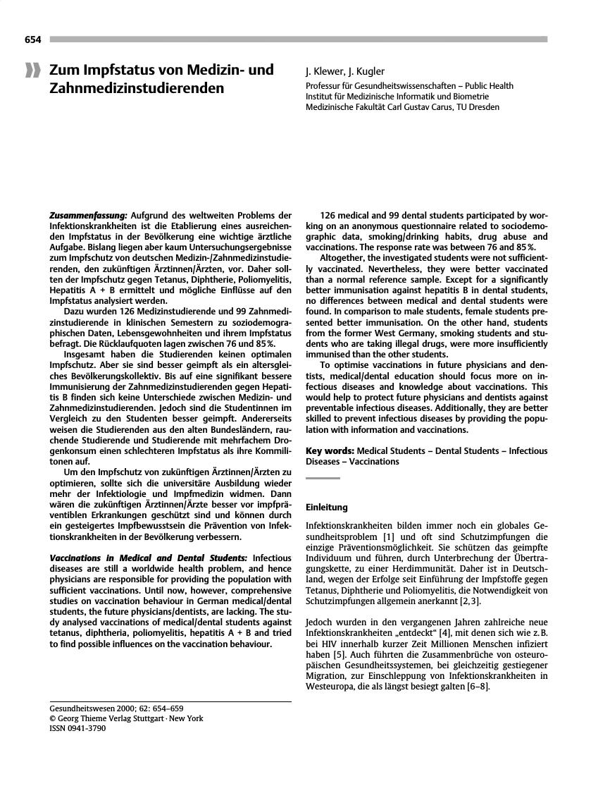 Vorschauseite 1: Zum Impfstatus von Medizinund Zahnmedizinstudierenden