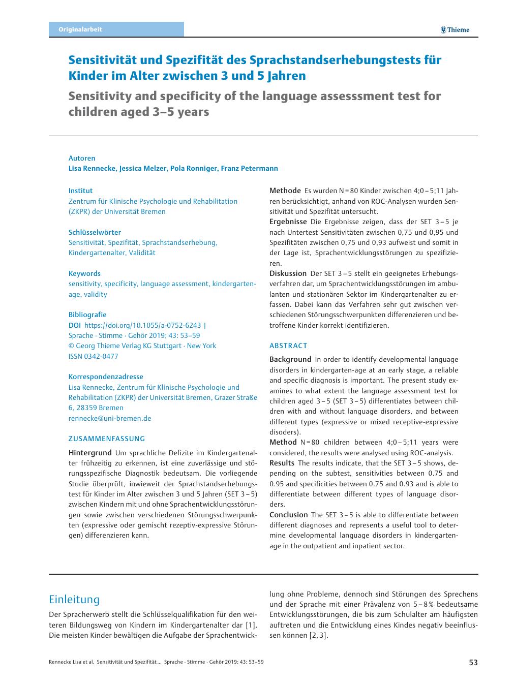 Vorschauseite 1: Sensitivität und Spezifität des Sprachstandserhebungstests für Kinder im Alter zwischen 3 und 5 Jahren
