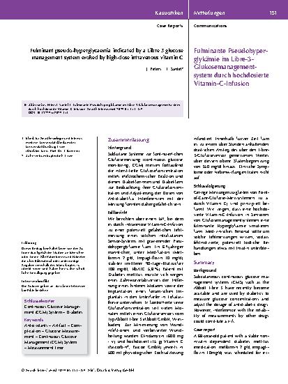 Vorschauseite 1: Fulminante Pseudohyperglykämie im Libre-3-Glukosemanagement-System durch hochdosierte Vitamin-C-Infusion
