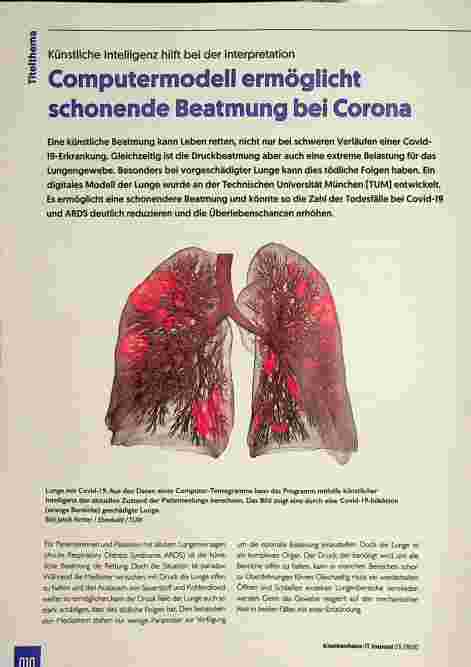 Vorschauseite 1: Künstliche Intelligenz hilft bei der Interpretation. Computermodell ermöglicht schonende Beatmung bei Corona.