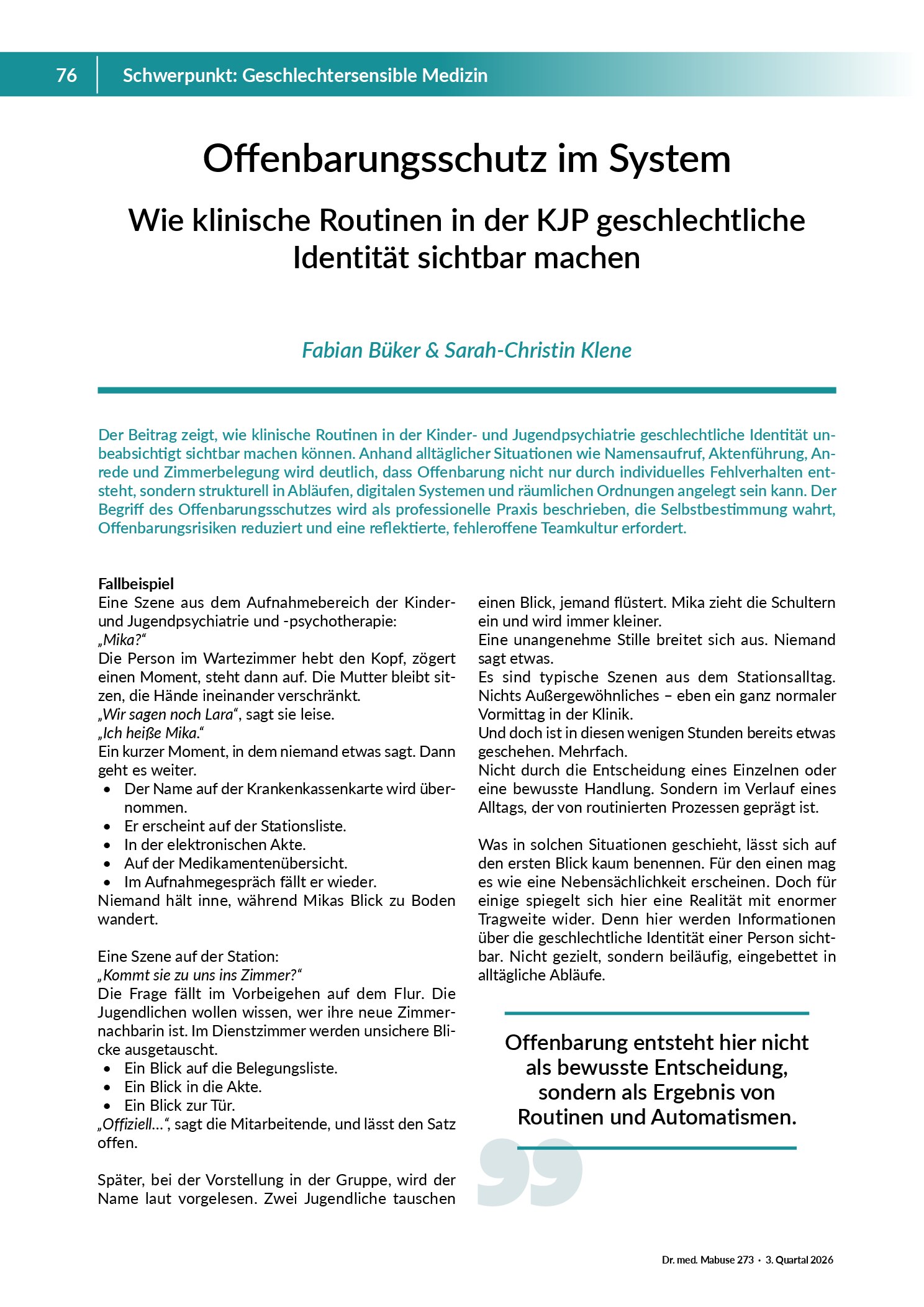 Vorschau: Offenbarungsschutz im System: Wie klinische Routinen in der KJP geschlechtliche Identität sichtbar machen