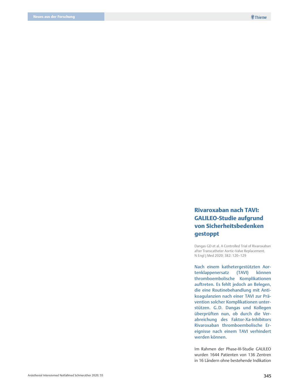Vorschauseite 1: Rivaroxaban nach TAVI: GALILEO-Studie aufgrund von Sicherheitsbedenken gestoppt