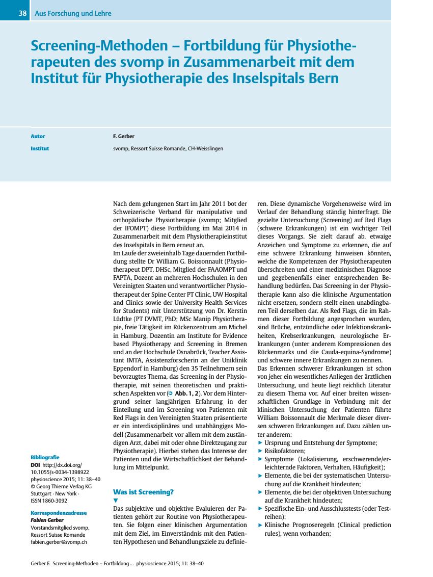 Vorschauseite 1: Screening-Methoden – Fortbildung für Physiotherapeuten des svomp in Zusammenarbeit mit dem Institut für Physiotherapie des Inselspitals Bern