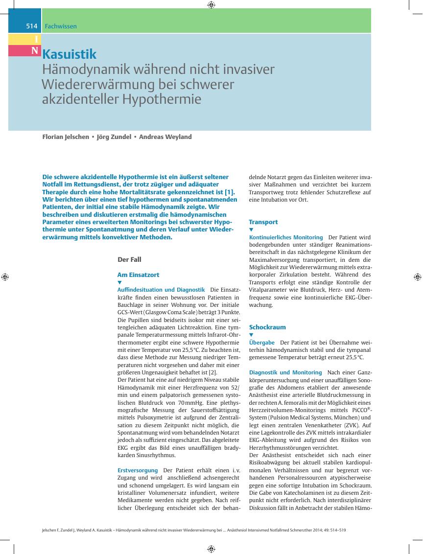 Vorschauseite 1: Kasuistik – Hämodynamik während nicht invasiver Wiedererwärmung bei schwerer akzidenteller Hypothermie