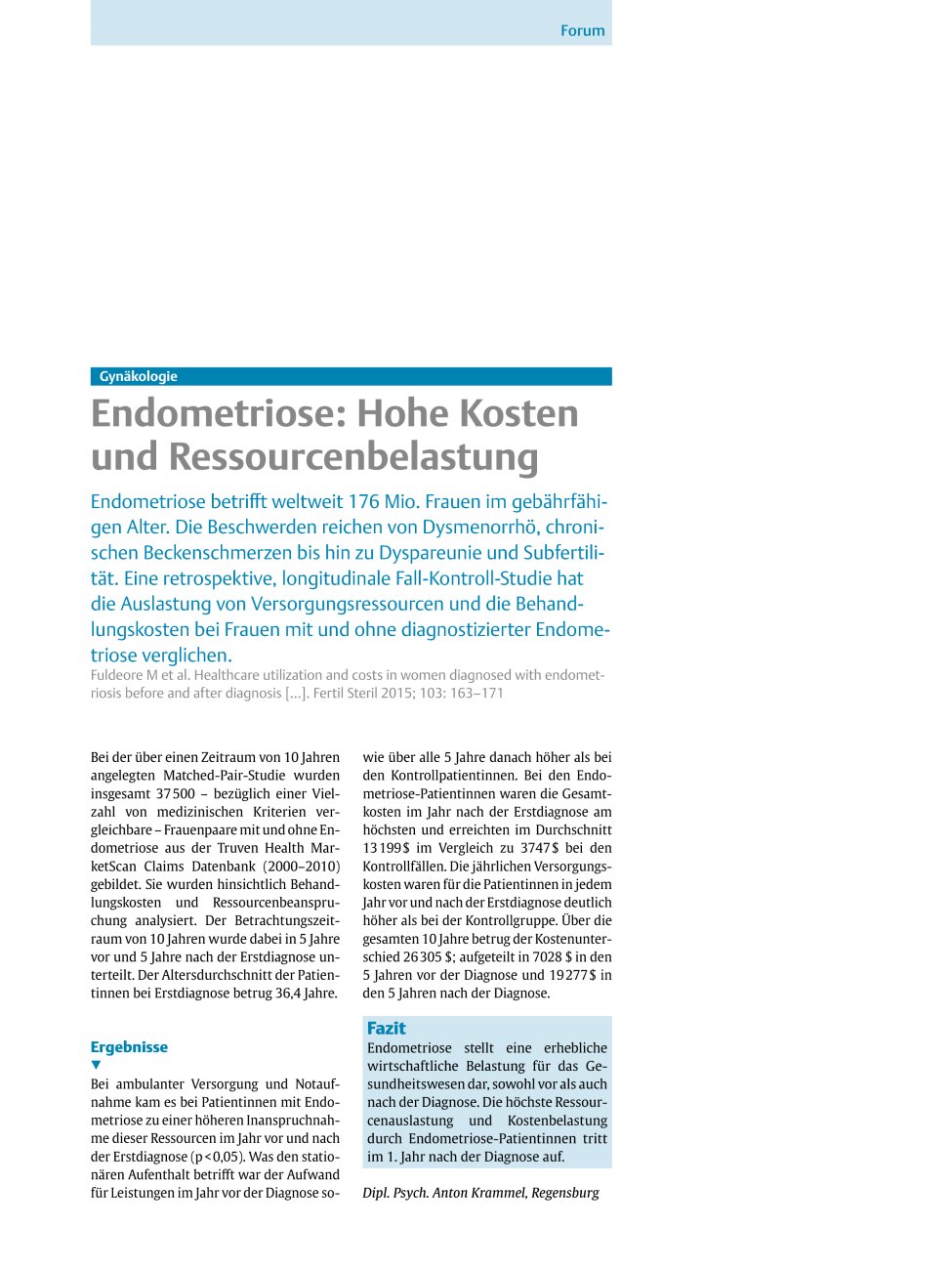 Vorschauseite 1: Gynäkologie – Endometriose: Hohe Kosten und Ressourcenbelastung