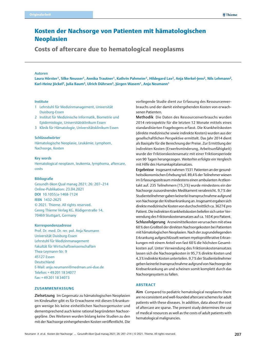 Vorschauseite 1: Kosten der Nachsorge von Patienten mit hämatologischen Neoplasien