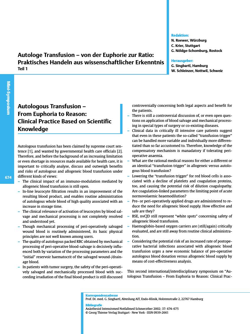 Vorschauseite 1: Autologous Transfusion - From Euphoria to Reason: Clinical Practice Based on Scientific Knowledge - Part I