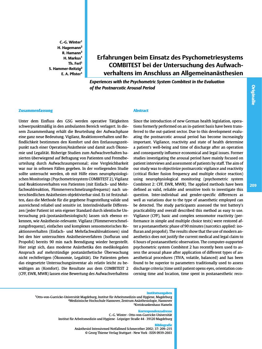 Vorschauseite 1: Erfahrungen beim Einsatz des Psychometriesystems COMBITEST bei der Untersuchung des Aufwachverhaltens im Anschluss an Allgemeinanästhesien