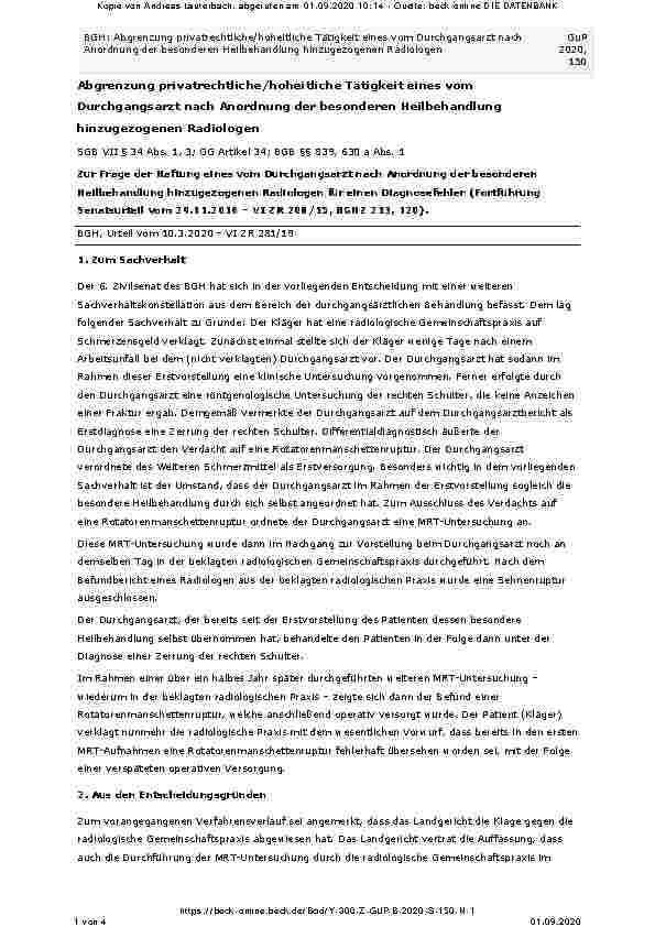 Vorschauseite 1: Abgrenzung privatrechtliche/hoheitliche Tätigkeit eines vom Durchgangsarzt nach Anordnung der besonderen Heilbehandlung hinzugezogenen Radiologen