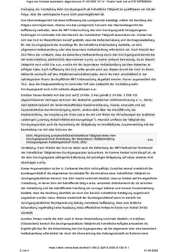 Vorschauseite 2: Abgrenzung privatrechtliche/hoheitliche Tätigkeit eines vom Durchgangsarzt nach Anordnung der besonderen Heilbehandlung hinzugezogenen Radiologen