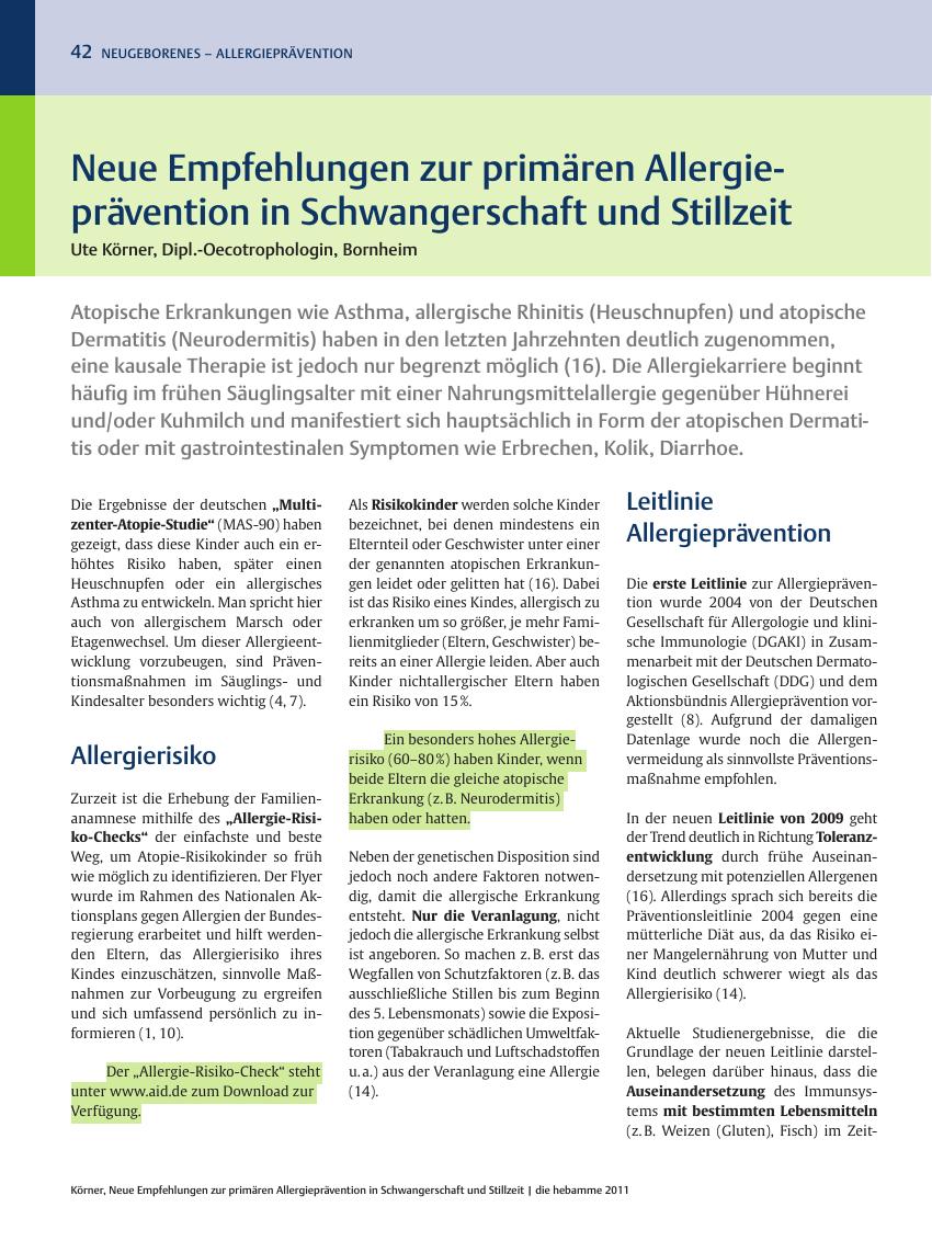 Vorschauseite 1: Neue Empfehlungen zur primären Allergieprävention in Schwangerschaft und Stillzeit