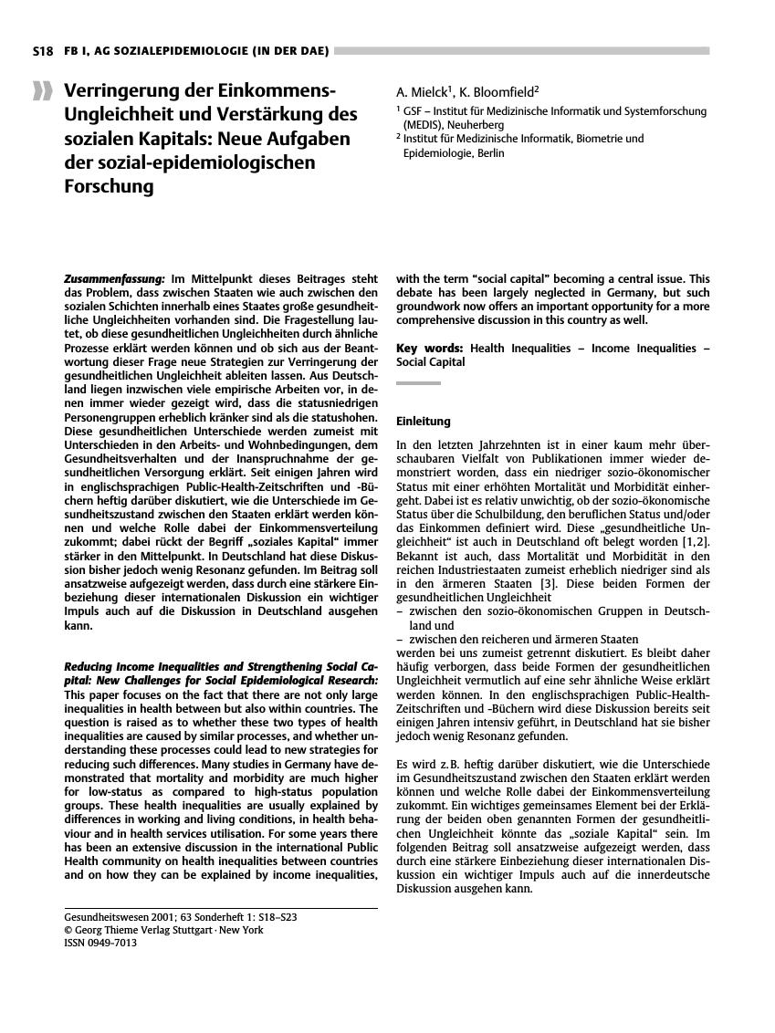 Vorschauseite 1: Verringerung der Einkommens- Ungleichheit und Verstärkung des sozialen Kapitals: Neue Aufgaben der sozial-epidemiologischen Forschung