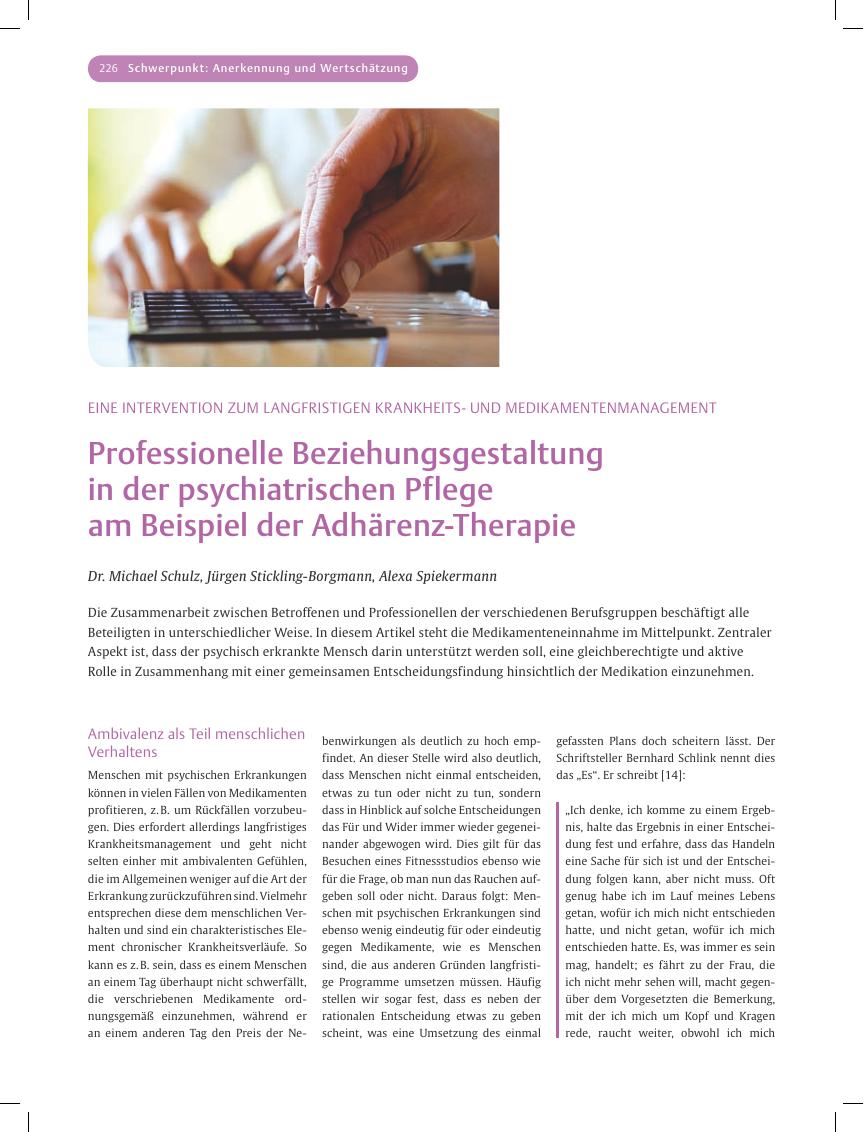 Vorschauseite 1: Professionelle Beziehungsgestaltung in der psychiatrischen Pflege am Beispiel der Adhärenz-Therapie