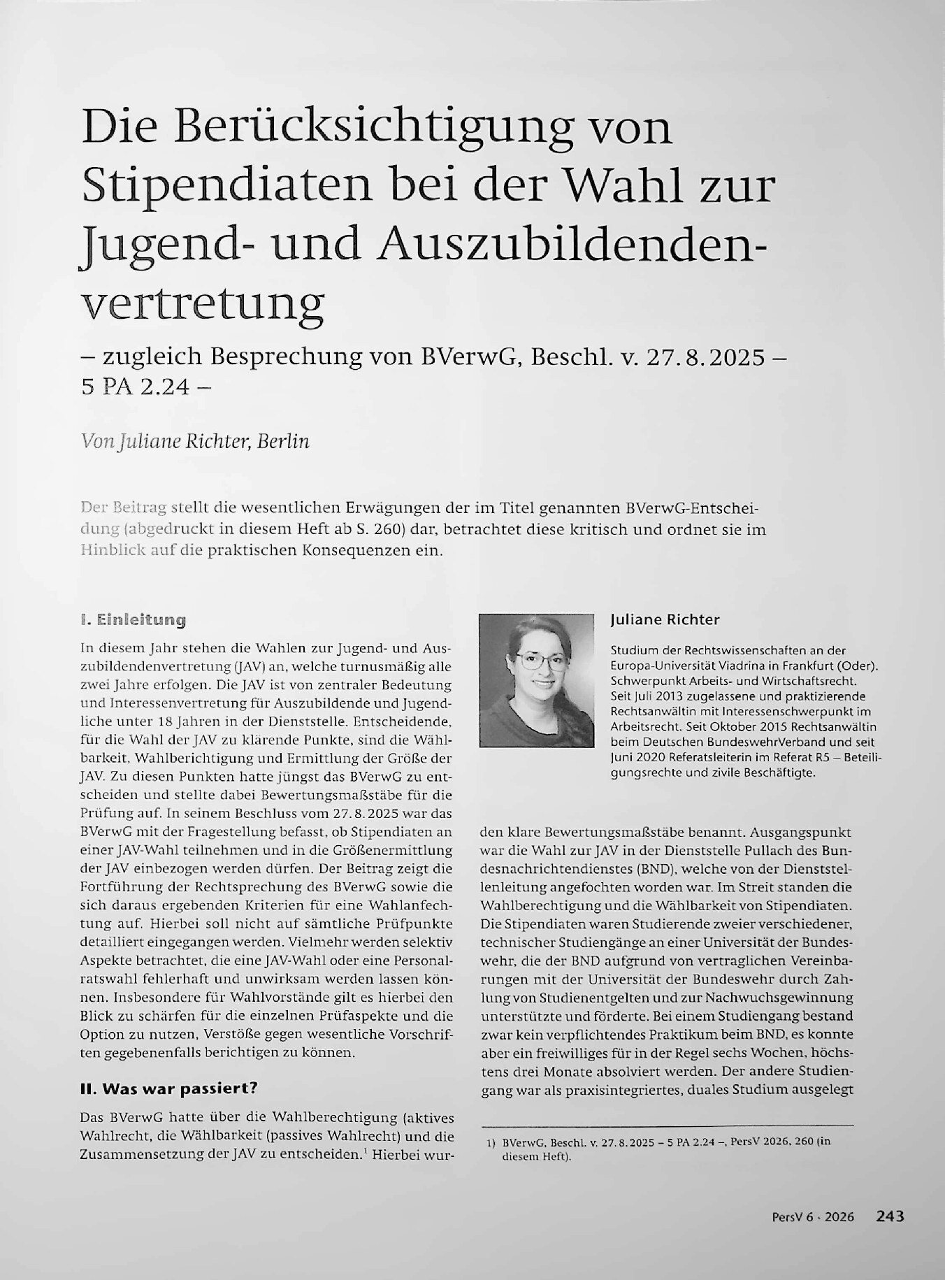 Vorschauseite 1: Die Berücksichtigung von Stipendiaten bei der Wahl zur Jugend- und Auszubildendenvertretung