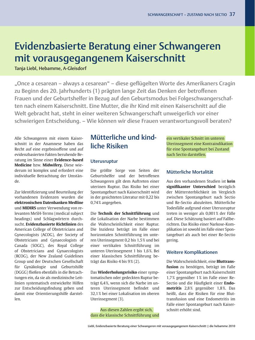 Vorschauseite 1: Evidenzbasierte Beratung einer Schwangeren mit vorausgegangenem Kaiserschnitt