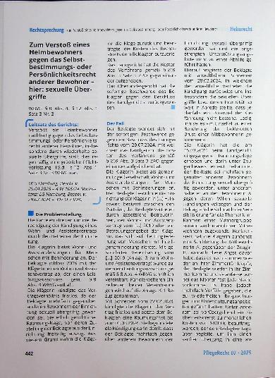 Vorschauseite 1: Zum Verstoß eines Heimbewohners gegen das Selbst bestimmungsoder Persönlichkeitsrecht anderer Bewohner - hier: sexuelle Übergriffe