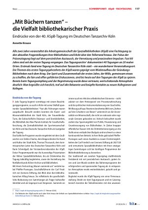 Vorschauseite 1: „Mit Büchern tanzen“ – die Vielfalt bibliothekarischer Praxis. Eindrücke von der 40. ASpB-Tagung im Deutschen Tanzarchiv Köln