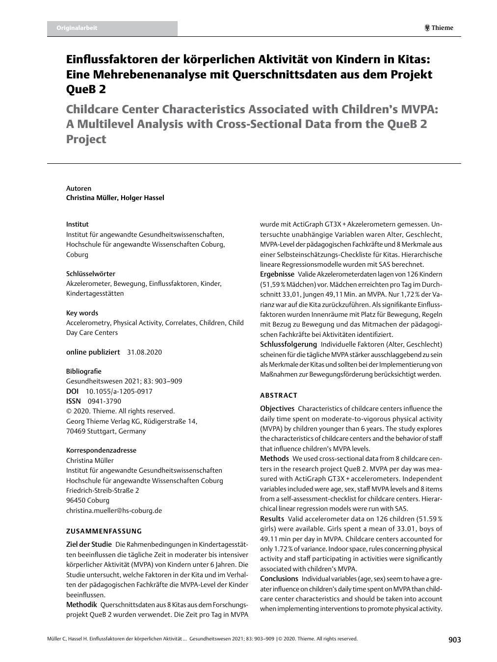 Vorschauseite 1: Einflussfaktoren der körperlichen Aktivität von Kindern in Kitas: Eine Mehrebenenanalyse mit Querschnittdaten aus dem Projekt QueB 2