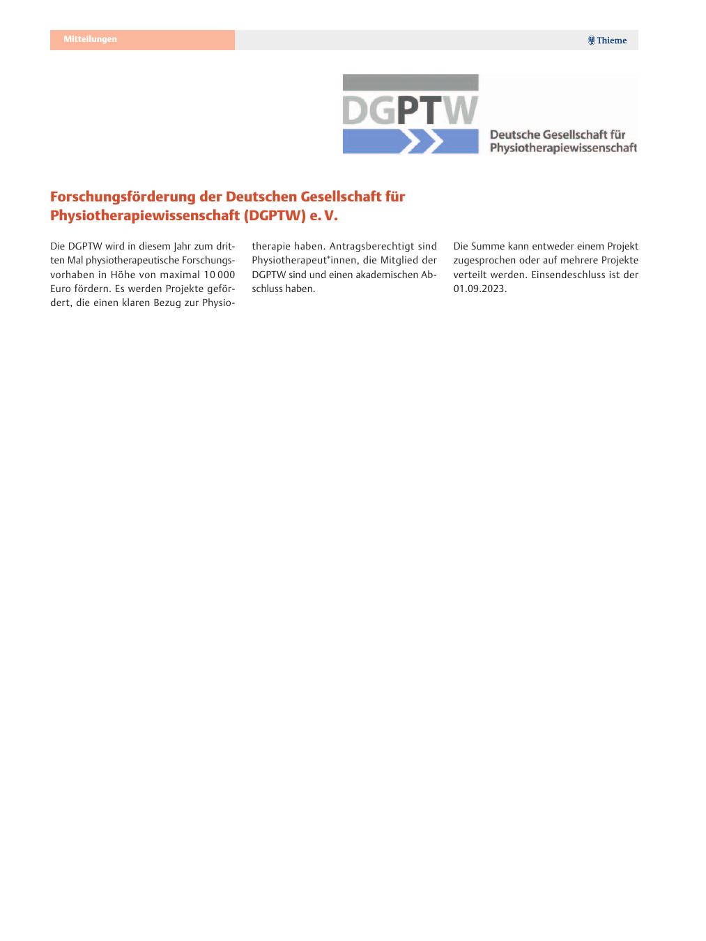 Vorschauseite 1: Forschungsförderung der Deutschen Gesellschaft für Physiotherapiewissenschaft (DGPTW) e. V.