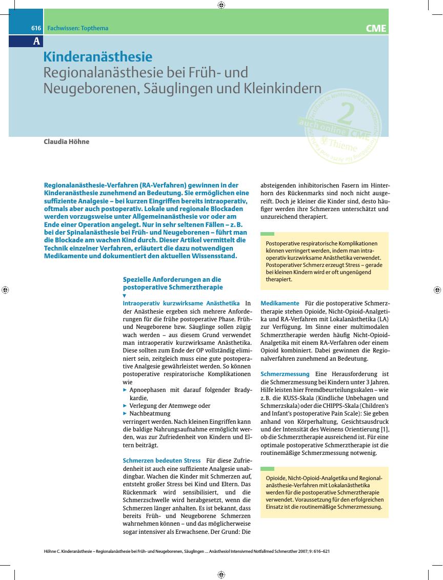 Vorschauseite 1: Regionalanästhesie bei Frühund Neugeborenen, Säuglingen und Kleinkindern