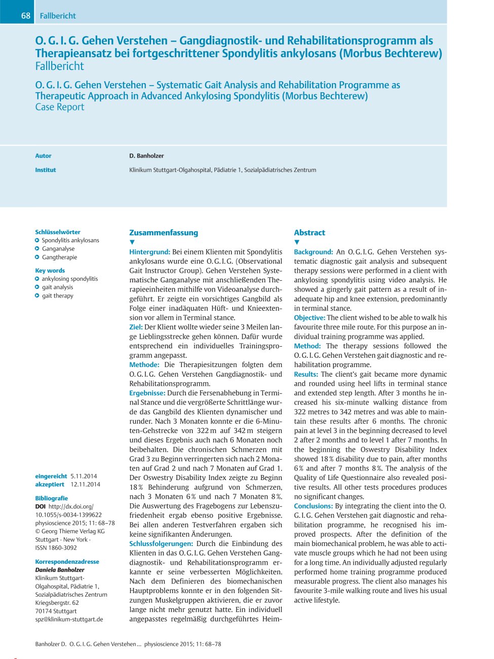 Vorschauseite 1: O. G. I. G. Gehen Verstehen – Gangdiagnostikund Rehabilitationsprogramm als Therapieansatz bei fortgeschrittener Spondylitis ankylosans (Morbus Bechterew)