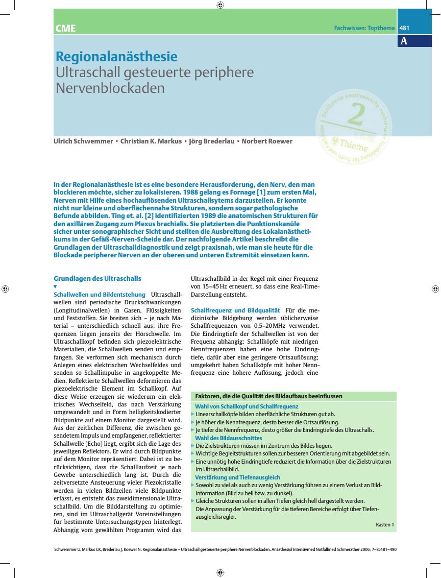 Vorschauseite 1: Regionalanästhesie - Ultraschall gesteuerte periphere Nervenblockaden