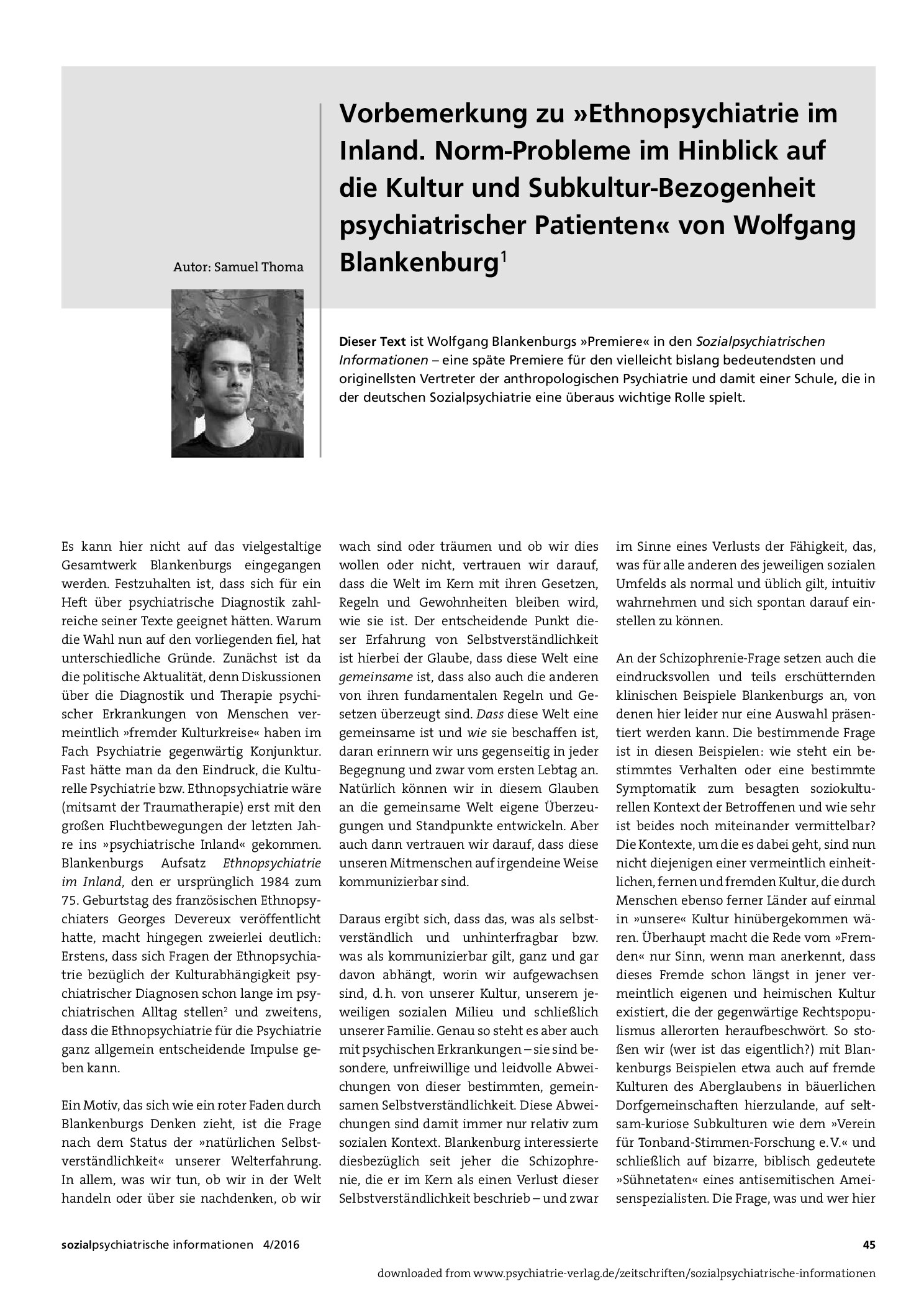 Vorschauseite 1: Vorbemerkung zu »Ethnopsychiatrie im Inland: Norm-Probleme im Hinblick auf die Kultur- und Subkultur-Bezogenheit psychiatrischer Patienten« von Wolfgang Blankenburg1
