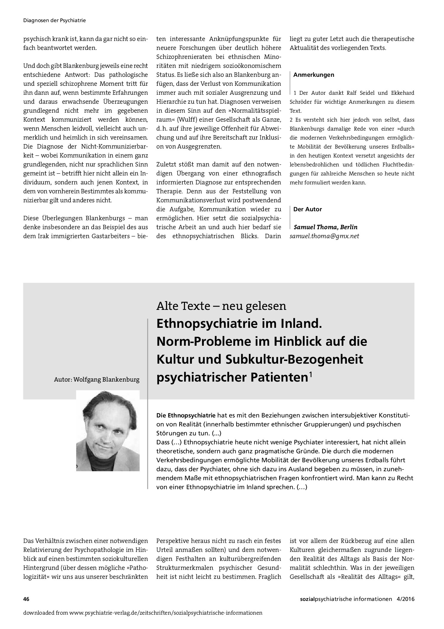 Vorschauseite 2: Vorbemerkung zu »Ethnopsychiatrie im Inland: Norm-Probleme im Hinblick auf die Kultur- und Subkultur-Bezogenheit psychiatrischer Patienten« von Wolfgang Blankenburg1