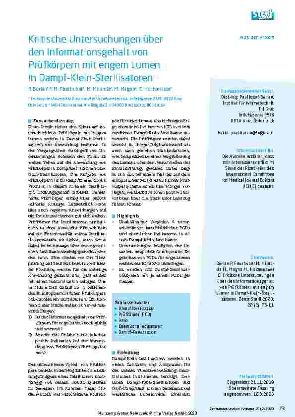 Vorschauseite 1: Kritische Untersuchungen über den Informationsgehalt von Prüfkörpern mit engem Lumen in Dampf-Klein-Sterilisatoren