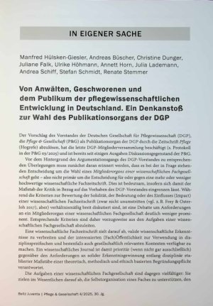 Vorschauseite 1: Von Anwälten, Geschworenen und dem Publikum der pflegewissenschaftlichen Entwicklung in Deutschland. Ein Denkanstoß zur Wahl des Publikationsorgans der DGP