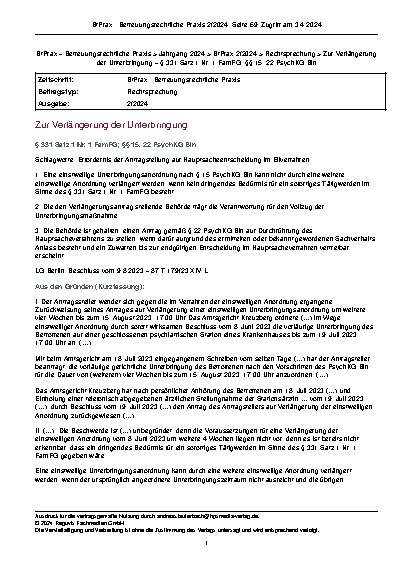 Vorschauseite 1: Zur Verlängerung der Unterbringung Schlagworte: Erfordernis der Antragstellung auf Hauptsacheentscheidung im Eilverfahren.