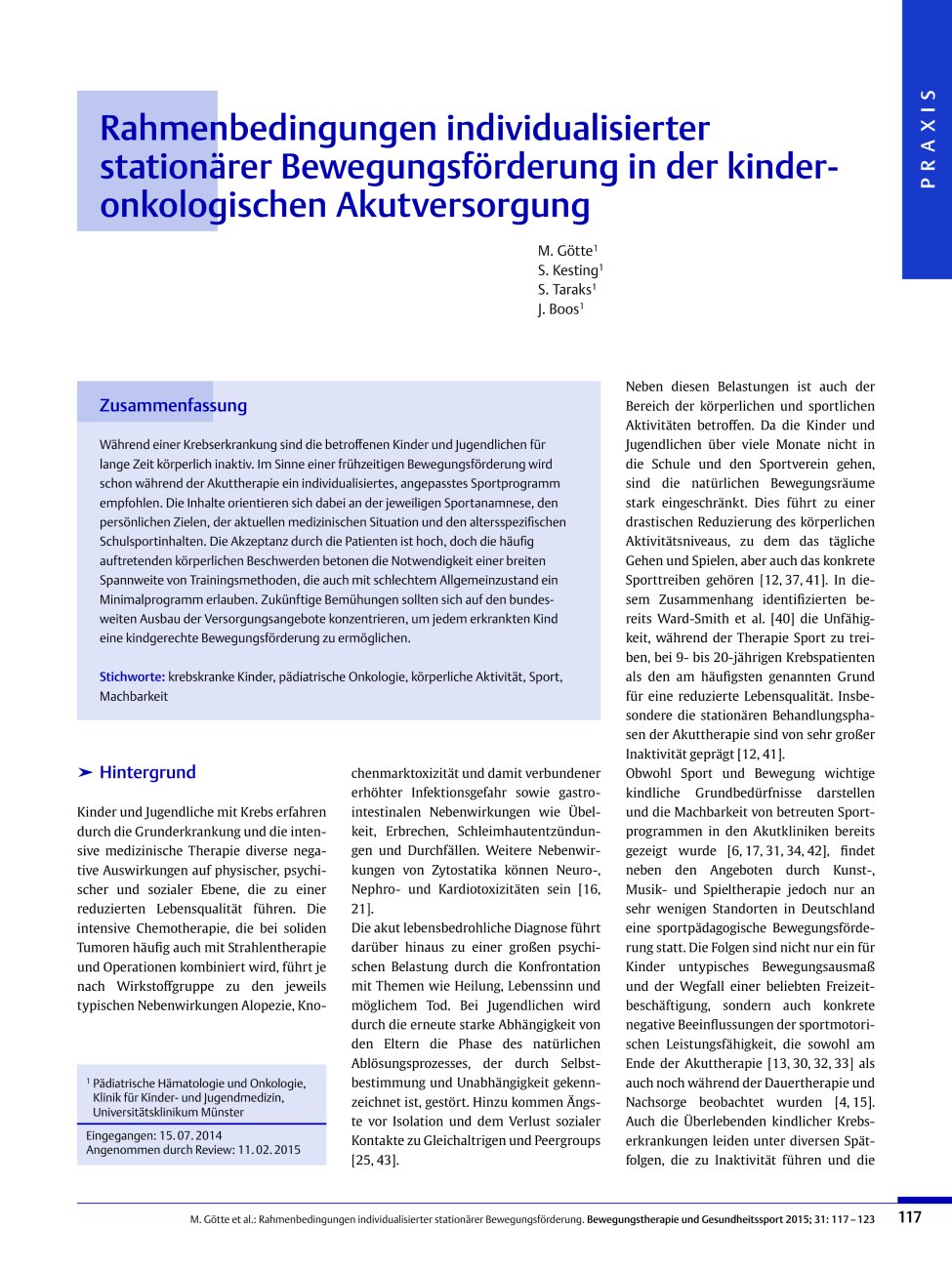 Vorschauseite 1: Rahmenbedingungen individualisierter stationärer Bewegungsförderung in der kinderonkologischen Akutversorgung