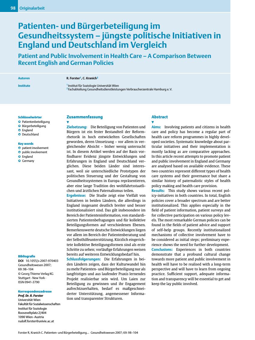 Vorschauseite 1: Patientenund Bürgerbeteiligung im Gesundheitssystem - jüngste politische Initiativen in England und Deutschland im Vergleich