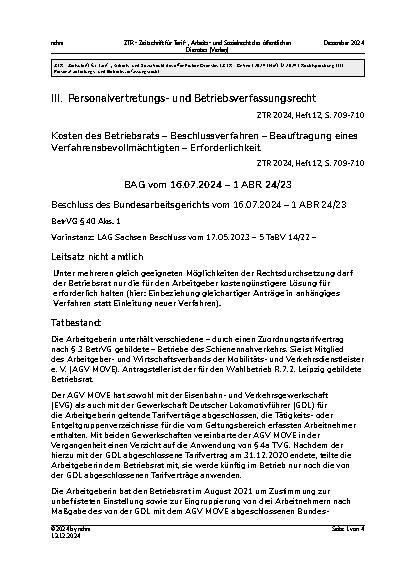 Vorschauseite 1: III. Personalvertretungsund Betriebsverfassungsrecht Kosten des Betriebsrats – Beschlussverfahren – Beauftragung eines Verfahrensbevollmächtigten – Erforderlichkeit