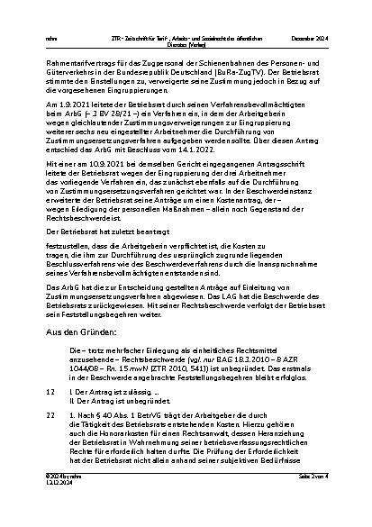 Vorschauseite 2: III. Personalvertretungsund Betriebsverfassungsrecht Kosten des Betriebsrats – Beschlussverfahren – Beauftragung eines Verfahrensbevollmächtigten – Erforderlichkeit