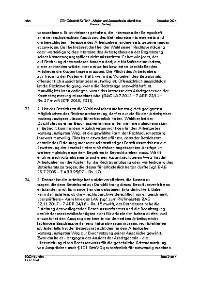 Vorschauseite 3: III. Personalvertretungsund Betriebsverfassungsrecht Kosten des Betriebsrats – Beschlussverfahren – Beauftragung eines Verfahrensbevollmächtigten – Erforderlichkeit