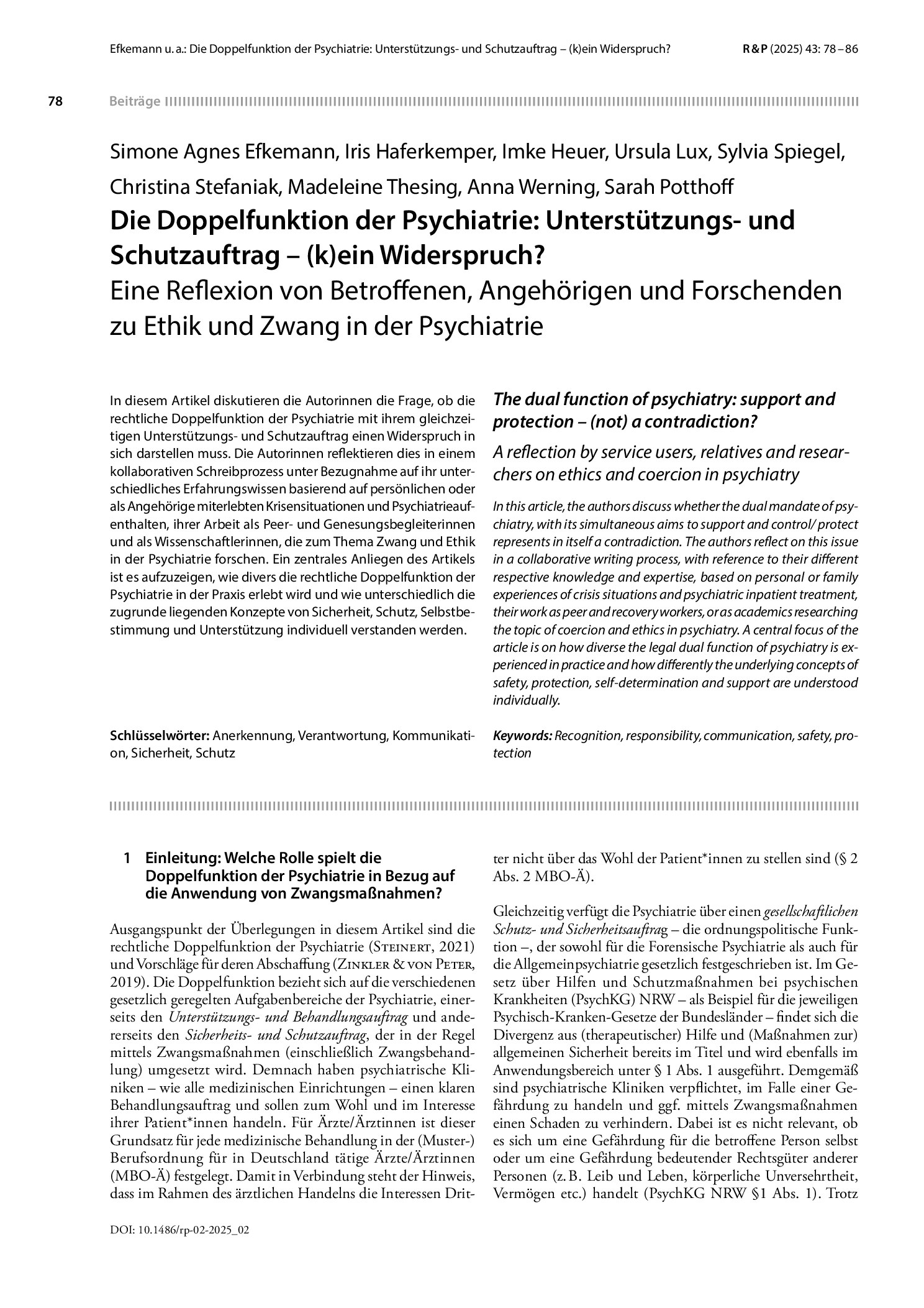 Vorschauseite 1: Die Doppelfunktion der Psychiatrie: Unterstützungs- und Schutzauftrag – (k)ein Widerspruch? Eine Reflexion von Betroffenen, Angehörigen und Forschenden zu Ethik und Zwang in der P…