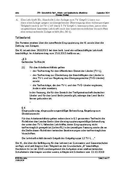 Vorschauseite 2: I. Tarifrecht Höhergruppierung einer Lehrkraft – Tätigkeit an einer anderen als der Lehramtsbefähigung entsprechenden Schulform The text is already correctly spelled.