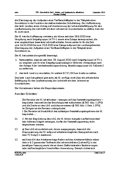 Vorschauseite 3: I. Tarifrecht Höhergruppierung einer Lehrkraft – Tätigkeit an einer anderen als der Lehramtsbefähigung entsprechenden Schulform The text is already correctly spelled.